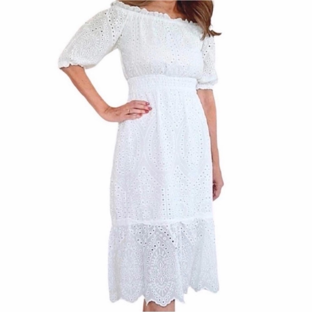Betsey Johnson White Eyelet Midi‎ Dress NWT size Medium Off Shoulder Puff Sleeve